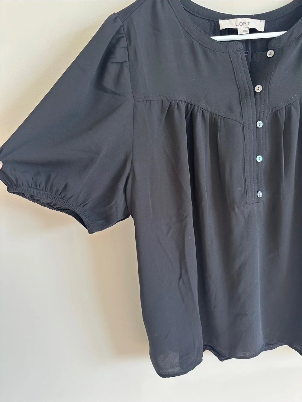 LOFT Black Short Puff Sleeve Henley Blouse with Knit Back